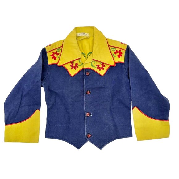 Charles Paddock Vintage Childs Western Shirt Blue Yellow Red Piping Embroidered - Picture 1 of 7
